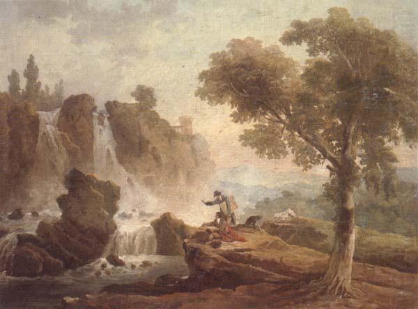 Rome,a view of the falls at tivoli with two artists sketching from a promontory, unknow artist